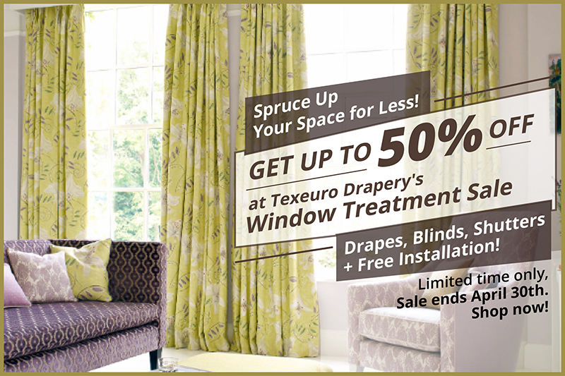 50% off on drapes, blinds and shutters