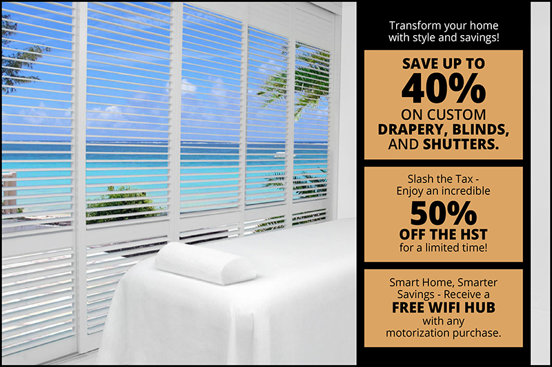 Save up to 40% on Custom Drapery, Blinds, and Shutters.